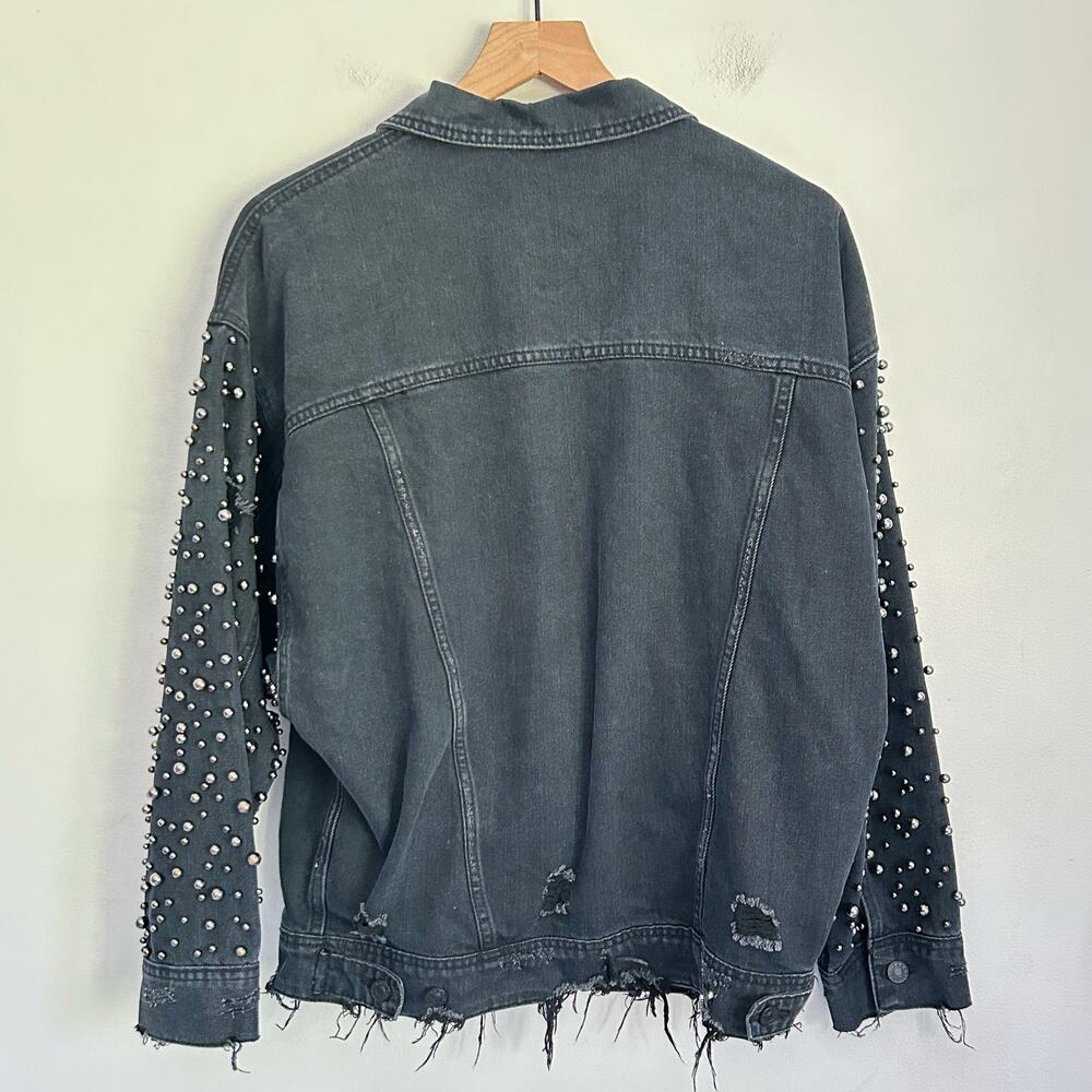 Sunset + Spring Embellished Oversized Distressed Denim Jacket Size L Black - Picture 6 of 7